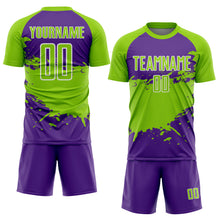 Charger l'image dans la galerie, Custom Neon Green Purple-White Splash Color Block Sublimation Soccer Uniform Jersey