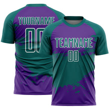 Laden Sie das Bild in den Galerie-Viewer, Custom Teal Purple-White Splash Color Block Sublimation Soccer Uniform Jersey