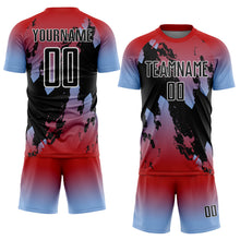 Load image into Gallery viewer, Custom Red Black Light Blue-White Gradient Splash Sublimation Soccer Uniform Jersey