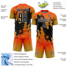 Charger l'image dans la galerie, Custom Orange Black Old Gold-White Gradient Splash Sublimation Soccer Uniform Jersey