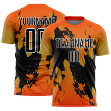 Charger l'image dans la galerie, Custom Orange Black Old Gold-White Gradient Splash Sublimation Soccer Uniform Jersey