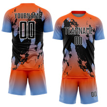 Load image into Gallery viewer, Custom Orange Black Powder Blue-White Gradient Splash Sublimation Soccer Uniform Jersey