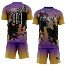 Charger l'image dans la galerie, Custom Purple Black Old Gold-White Gradient Splash Sublimation Soccer Uniform Jersey