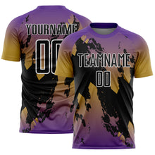 Charger l'image dans la galerie, Custom Purple Black Old Gold-White Gradient Splash Sublimation Soccer Uniform Jersey