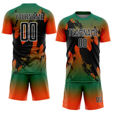 Charger l'image dans la galerie, Custom Kelly Green Black Orange-White Gradient Splash Sublimation Soccer Uniform Jersey