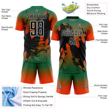 Charger l'image dans la galerie, Custom Kelly Green Black Orange-White Gradient Splash Sublimation Soccer Uniform Jersey