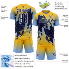 Загрузить изображение в средство просмотра галереи, Custom Gold Navy Light Blue-White Gradient Splash Sublimation Soccer Uniform Jersey