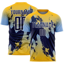 Загрузить изображение в средство просмотра галереи, Custom Gold Navy Light Blue-White Gradient Splash Sublimation Soccer Uniform Jersey