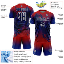 Загрузить изображение в средство просмотра галереи, Custom Red Navy Royal-White Gradient Splash Sublimation Soccer Uniform Jersey