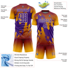 Laden Sie das Bild in den Galerie-Viewer, Custom Crimson Purple Gold-White Gradient Splash Sublimation Soccer Uniform Jersey