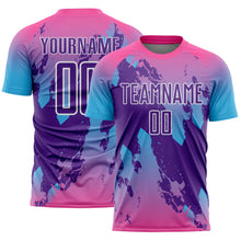 Laden Sie das Bild in den Galerie-Viewer, Custom Pink Purple Sky Blue-White Gradient Splash Sublimation Soccer Uniform Jersey