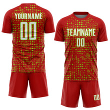 Load image into Gallery viewer, Custom Red White-Neon Green Digital Geometric Fragment Speckles Sublimation Soccer Uniform Jersey