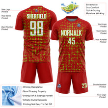Load image into Gallery viewer, Custom Red White-Neon Green Digital Geometric Fragment Speckles Sublimation Soccer Uniform Jersey
