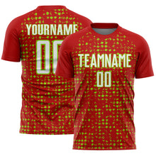 Load image into Gallery viewer, Custom Red White-Neon Green Digital Geometric Fragment Speckles Sublimation Soccer Uniform Jersey