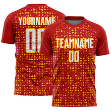 Загрузить изображение в средство просмотра галереи, Custom Red White-Gold Digital Geometric Fragment Speckles Sublimation Soccer Uniform Jersey
