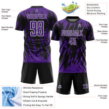 Laden Sie das Bild in den Galerie-Viewer, Custom Black Purple-White Splatter Torn Sharp Brush Stroke Sublimation Soccer Uniform Jersey