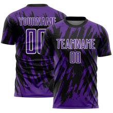 Laden Sie das Bild in den Galerie-Viewer, Custom Black Purple-White Splatter Torn Sharp Brush Stroke Sublimation Soccer Uniform Jersey