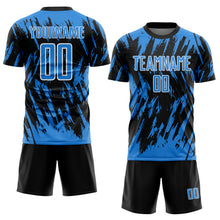 Load image into Gallery viewer, Custom Black Powder Blue-White Splatter Torn Sharp Brush Stroke Sublimation Soccer Uniform Jersey