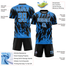 Load image into Gallery viewer, Custom Black Powder Blue-White Splatter Torn Sharp Brush Stroke Sublimation Soccer Uniform Jersey