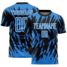Load image into Gallery viewer, Custom Black Powder Blue-White Splatter Torn Sharp Brush Stroke Sublimation Soccer Uniform Jersey
