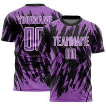 Laden Sie das Bild in den Galerie-Viewer, Custom Black Medium Purple-White Splatter Torn Sharp Brush Stroke Sublimation Soccer Uniform Jersey