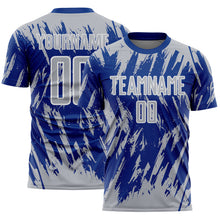 Загрузить изображение в средство просмотра галереи, Custom Royal Gray-White Splatter Torn Sharp Brush Stroke Sublimation Soccer Uniform Jersey