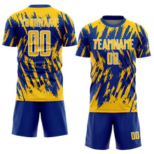 Загрузить изображение в средство просмотра галереи, Custom Royal Yellow-White Splatter Torn Sharp Brush Stroke Sublimation Soccer Uniform Jersey