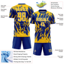 Загрузить изображение в средство просмотра галереи, Custom Royal Yellow-White Splatter Torn Sharp Brush Stroke Sublimation Soccer Uniform Jersey