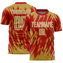 Загрузить изображение в средство просмотра галереи, Custom Red Old Gold-White Splatter Torn Sharp Brush Stroke Sublimation Soccer Uniform Jersey