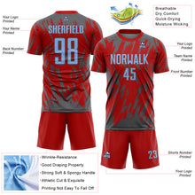 Load image into Gallery viewer, Custom Red Light Blue-Steel Gray Splatter Torn Sharp Brush Stroke Sublimation Soccer Uniform Jersey