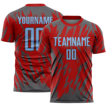 Load image into Gallery viewer, Custom Red Light Blue-Steel Gray Splatter Torn Sharp Brush Stroke Sublimation Soccer Uniform Jersey