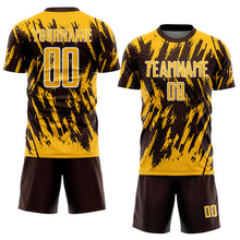 Загрузить изображение в средство просмотра галереи, Custom Brown Gold-White Splatter Torn Sharp Brush Stroke Sublimation Soccer Uniform Jersey