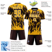 Загрузить изображение в средство просмотра галереи, Custom Brown Gold-White Splatter Torn Sharp Brush Stroke Sublimation Soccer Uniform Jersey
