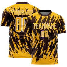 Загрузить изображение в средство просмотра галереи, Custom Brown Gold-White Splatter Torn Sharp Brush Stroke Sublimation Soccer Uniform Jersey