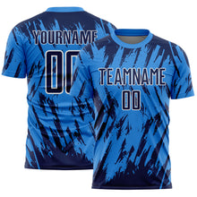 Загрузить изображение в средство просмотра галереи, Custom Powder Blue Navy-White Splatter Torn Sharp Brush Stroke Sublimation Soccer Uniform Jersey