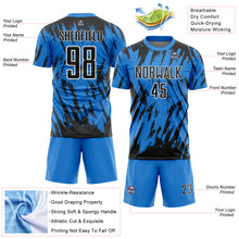 Загрузить изображение в средство просмотра галереи, Custom Powder Blue Black-White Splatter Torn Sharp Brush Stroke Sublimation Soccer Uniform Jersey