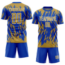 Charger l'image dans la galerie, Custom Thunder Blue Old Gold-White Splatter Torn Sharp Brush Stroke Sublimation Soccer Uniform Jersey