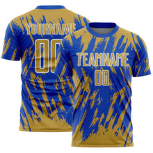 Charger l'image dans la galerie, Custom Thunder Blue Old Gold-White Splatter Torn Sharp Brush Stroke Sublimation Soccer Uniform Jersey