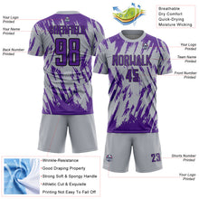 Загрузить изображение в средство просмотра галереи, Custom Gray Purple-Black Splatter Torn Sharp Brush Stroke Sublimation Soccer Uniform Jersey