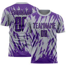 Загрузить изображение в средство просмотра галереи, Custom Gray Purple-Black Splatter Torn Sharp Brush Stroke Sublimation Soccer Uniform Jersey