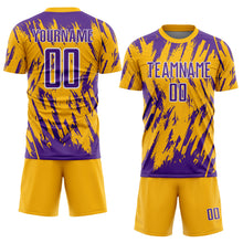 Load image into Gallery viewer, Custom Gold Purple-White Splatter Torn Sharp Brush Stroke Sublimation Soccer Uniform Jersey