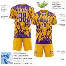 Load image into Gallery viewer, Custom Gold Purple-White Splatter Torn Sharp Brush Stroke Sublimation Soccer Uniform Jersey
