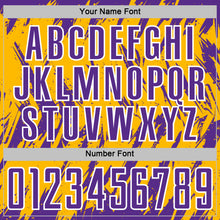 Load image into Gallery viewer, Custom Gold Purple-White Splatter Torn Sharp Brush Stroke Sublimation Soccer Uniform Jersey