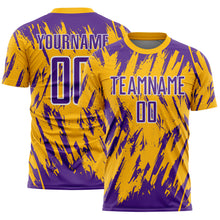 Load image into Gallery viewer, Custom Gold Purple-White Splatter Torn Sharp Brush Stroke Sublimation Soccer Uniform Jersey