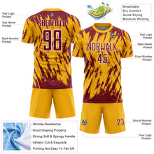 Laden Sie das Bild in den Galerie-Viewer, Custom Gold Crimson-White Splatter Torn Sharp Brush Stroke Sublimation Soccer Uniform Jersey