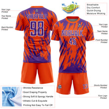 Laden Sie das Bild in den Galerie-Viewer, Custom Orange Purple-White Splatter Torn Sharp Brush Stroke Sublimation Soccer Uniform Jersey