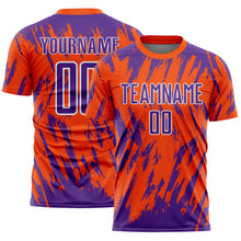 Laden Sie das Bild in den Galerie-Viewer, Custom Orange Purple-White Splatter Torn Sharp Brush Stroke Sublimation Soccer Uniform Jersey