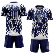 Load image into Gallery viewer, Custom Navy-White Splatter Torn Sharp Brush Stroke Sublimation Soccer Uniform Jersey