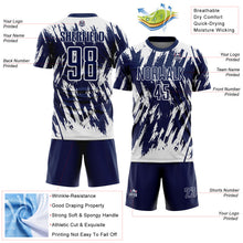 Load image into Gallery viewer, Custom Navy-White Splatter Torn Sharp Brush Stroke Sublimation Soccer Uniform Jersey
