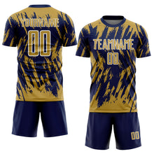 Laden Sie das Bild in den Galerie-Viewer, Custom Navy Old Gold-White Splatter Torn Sharp Brush Stroke Sublimation Soccer Uniform Jersey